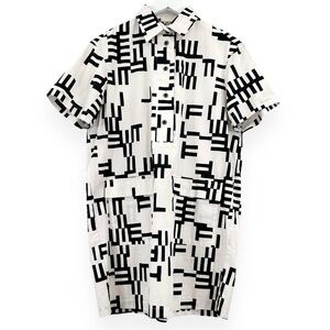 Dusen Dusen White & Black Printed Cotton Button Up Mini Shirt Dress sz L